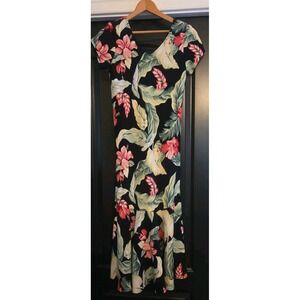 Kaua'iana Hawaiian Dress Tropical Palm Rayon Flare Black Floral Sz XS